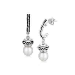 Sterling Silver Pearl Embellished Cable Design Dangling Earrings