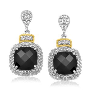 18K Yellow Gold & Sterling Silver Black Onyx & Diamond Earrings (.05ct tw)