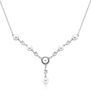 Sterling Silver Drop Necklace with Leaf Elements & Pearl Accents