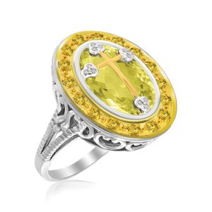 18K Yellow Gold & Sterling Silver Oval Cross Lemon Quartz and Diamond Ring