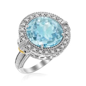 18K Yellow Gold & Sterling Silver Round Blue Topaz and Diamond Fleur De Lis Ring