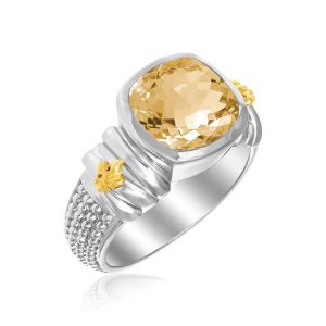 18K Yellow Gold & Sterling Silver Fleur De Lis Ring with Cushion Citrine Accent