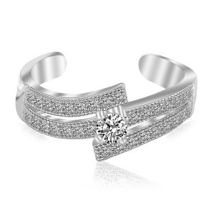Sterling Silver Rhodium Plated White Cubic Zirconia Studded Dual Line Toe Ring