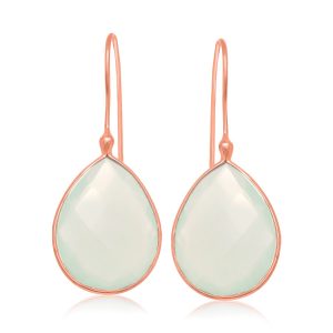 Sterling Silver Rose Gold Plated Dangling Earrings with Teardrop Aqua Chalcedony