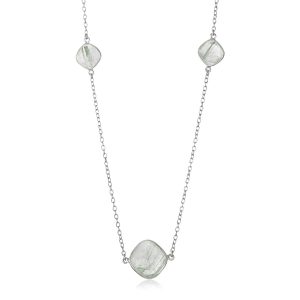 Sterling Silver Rhodium Plated Green Rutilated Quartz Cushion Station Necklace