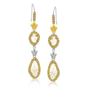 18K Yellow Gold & Sterling Silver Rutilated Quartz Fleur De Lis Dangling Earrings