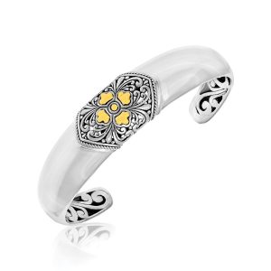18K Yellow Gold & Sterling Silver Open Cuff with a Baroque Style Accent