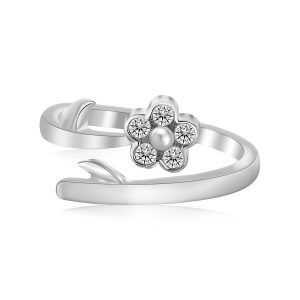 Sterling Silver Rhodium Plated Floral White Cubic Zirconia Accented Toe Ring