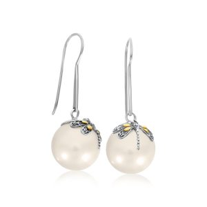 18K Yellow Gold & Sterling Silver Shell Pearl Earrings with Dragonfly Accents