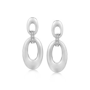Sterling Silver Dangling Open Oval Diamond Accented Rhodium Plated Earrings