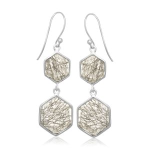 Sterling Silver Rutilated Quartz Hexagon Style Dangling Earrings