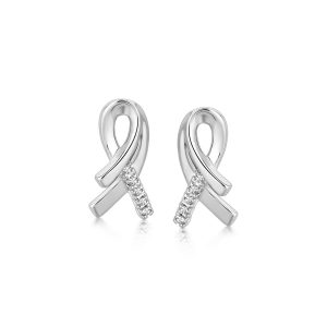 Sterling Silver Ribbon Style Diamond Embellished Earrings with Rhodium Plating