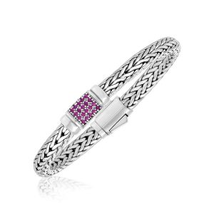 Sterling Silver Woven Motif Bracelet with Pink Sapphire Accents