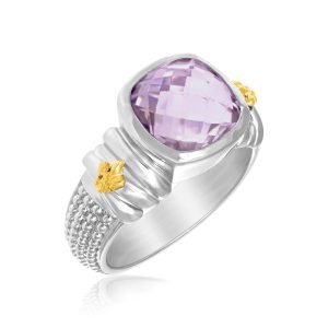 18K Yellow Gold & Sterling Silver Popcorn Ring with Cushion Amethyst Accent